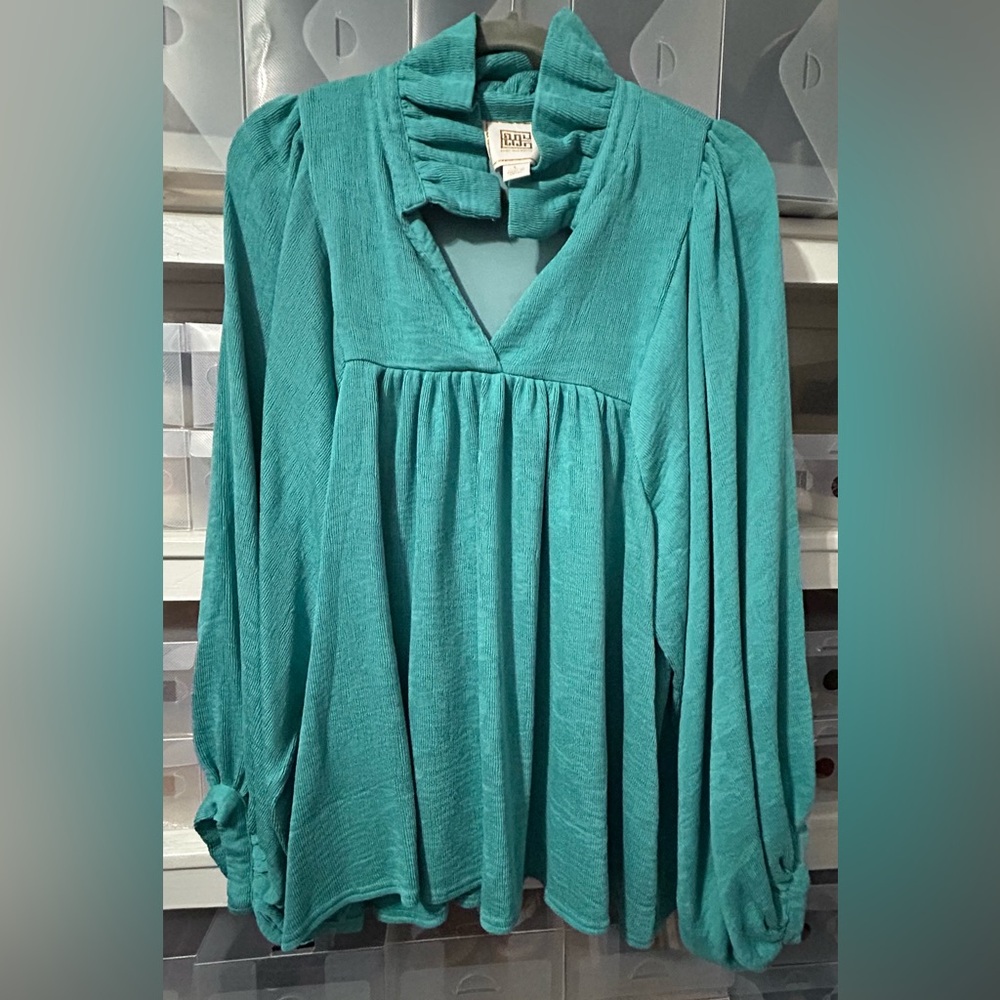 Emily McCarthy Teal V-Neck Peasant Blouse - Women Tops